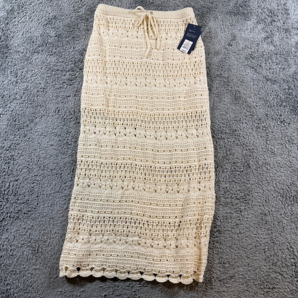 Universal Thread Crochet Maxi Skirt S Cream Knit Drawstring Boho Scalloped NEW